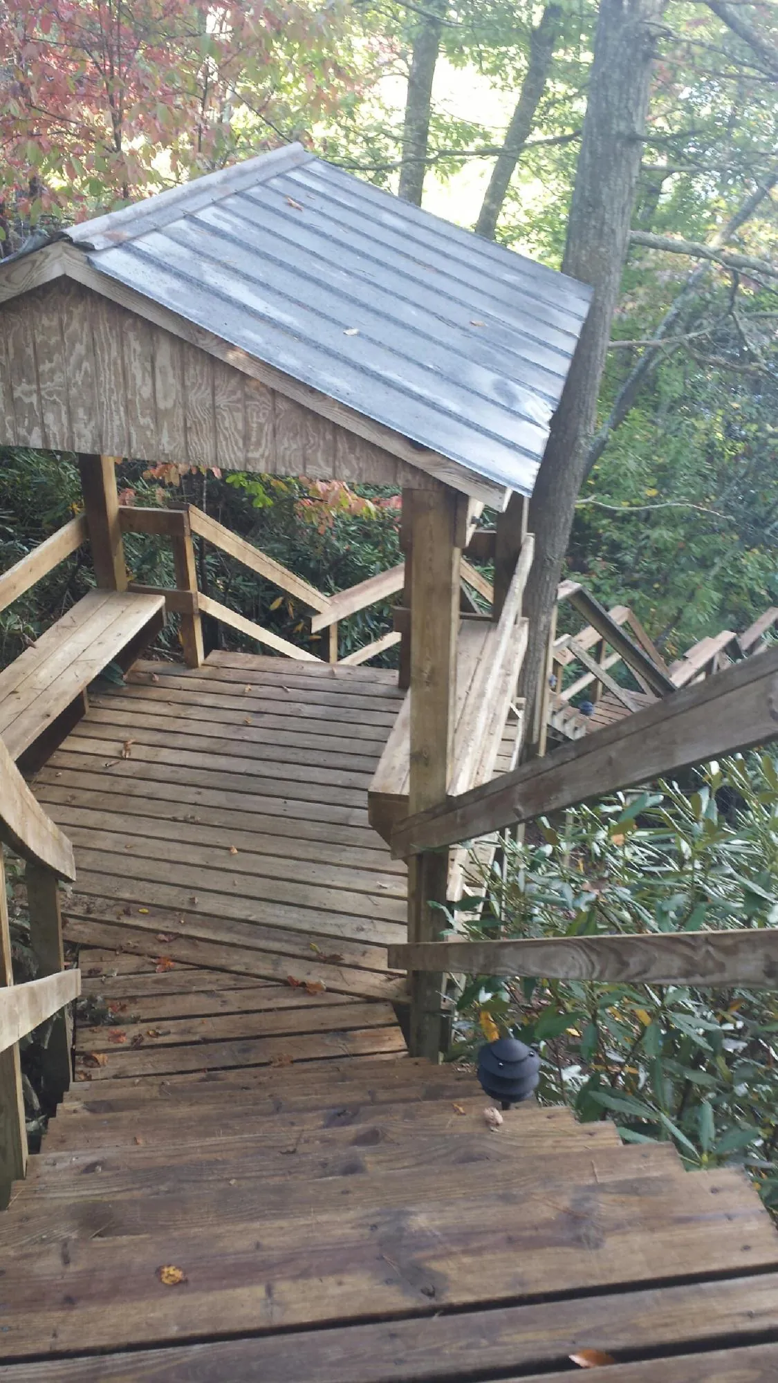 Metal roofed shelter over wooden steps on a wooded walkway — Skylight Repair & Installation work by our crew in Seneca Falls